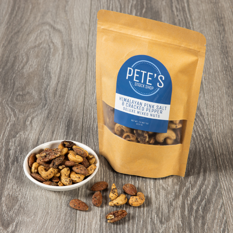 Himalayan Pink Salt and Cracked Pepper Mixed Nuts - Bag and Bowl - Pete's Snack Shop