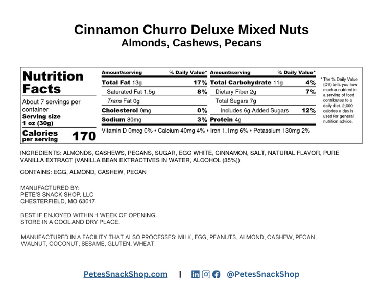 Cinnamon Churro Mixed Nuts - Nutritional Information - Pete's Snack Shop